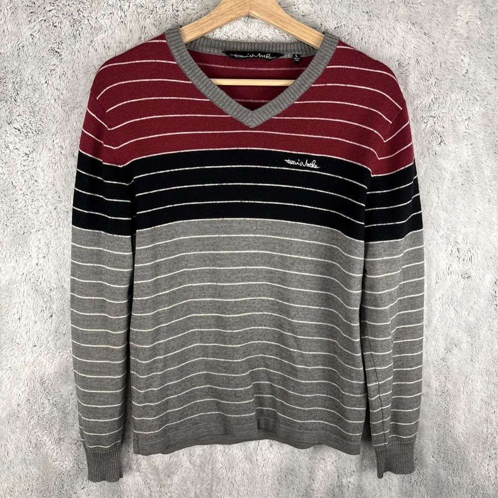 Travis Mathew Sweater Mens Large Multicolor Striped Merino Wool Blend Pullover